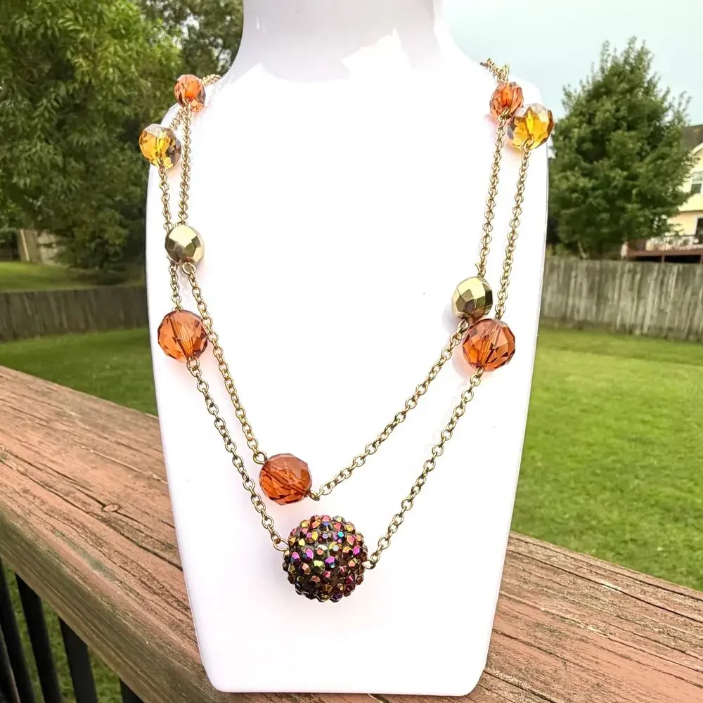 Vintage Double Strand Gold Tone Necklace Amber Glass Beads Rhinestone Balls 34